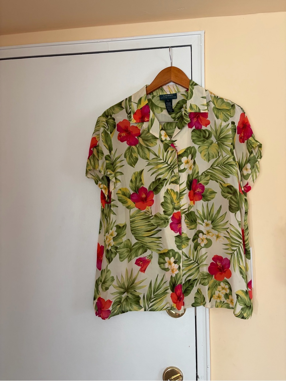 Ralph Lauren Silk Tropical Print Shirt in Cream, Green & Pink
